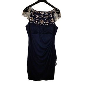 Elegant Navy Asymmetrical Dress with Beaded Illusion Neckline
